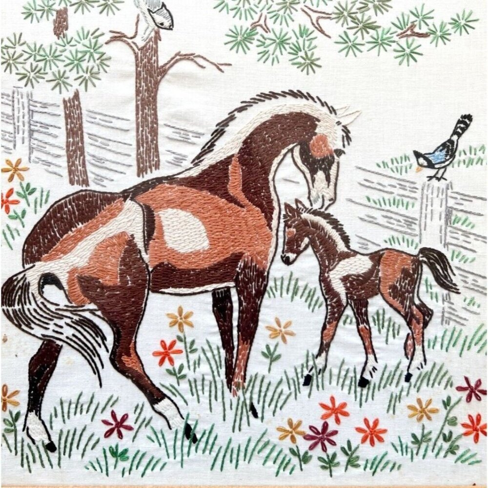 Horses On Farm Thread Yarn Art Framed 1960-70s Antique Original Artwork SS